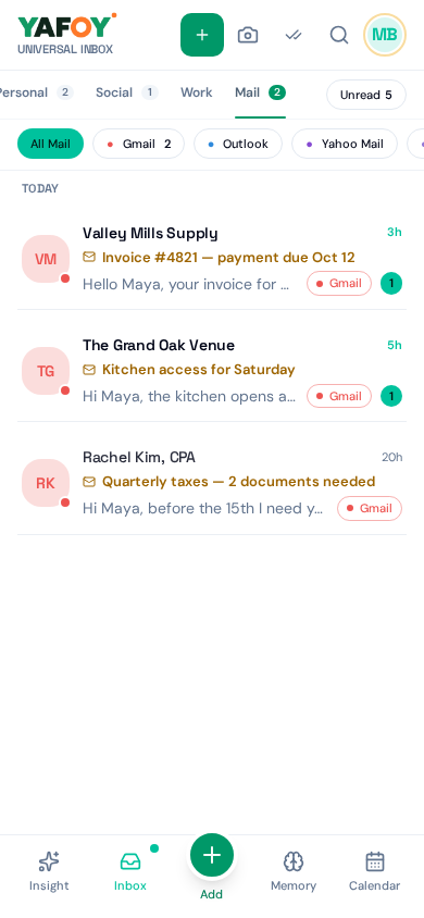 YAFOY Universal Inbox Mail view with fictional email conversations