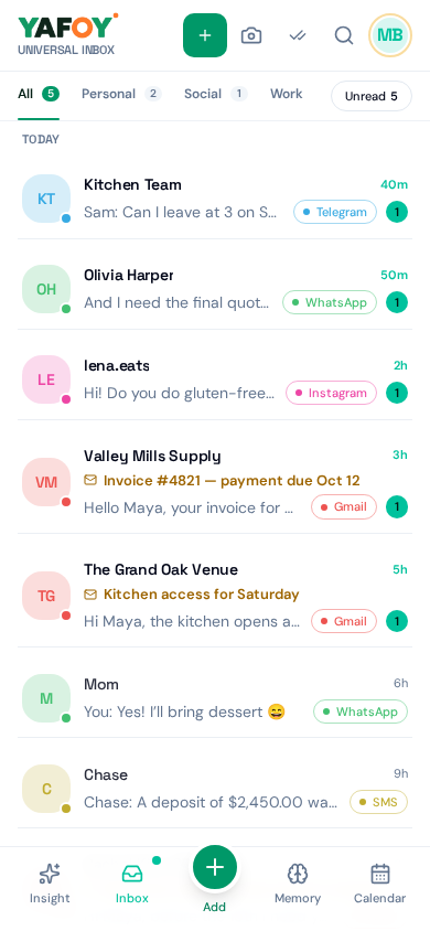 YAFOY Universal Inbox showing email, chats and texts in a fictional Android demo