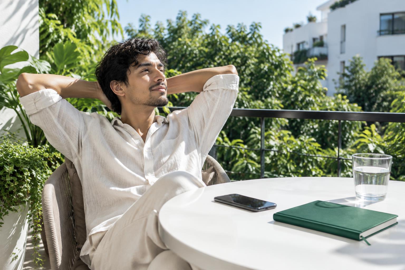A professional taking a quiet break on a sunny balcony