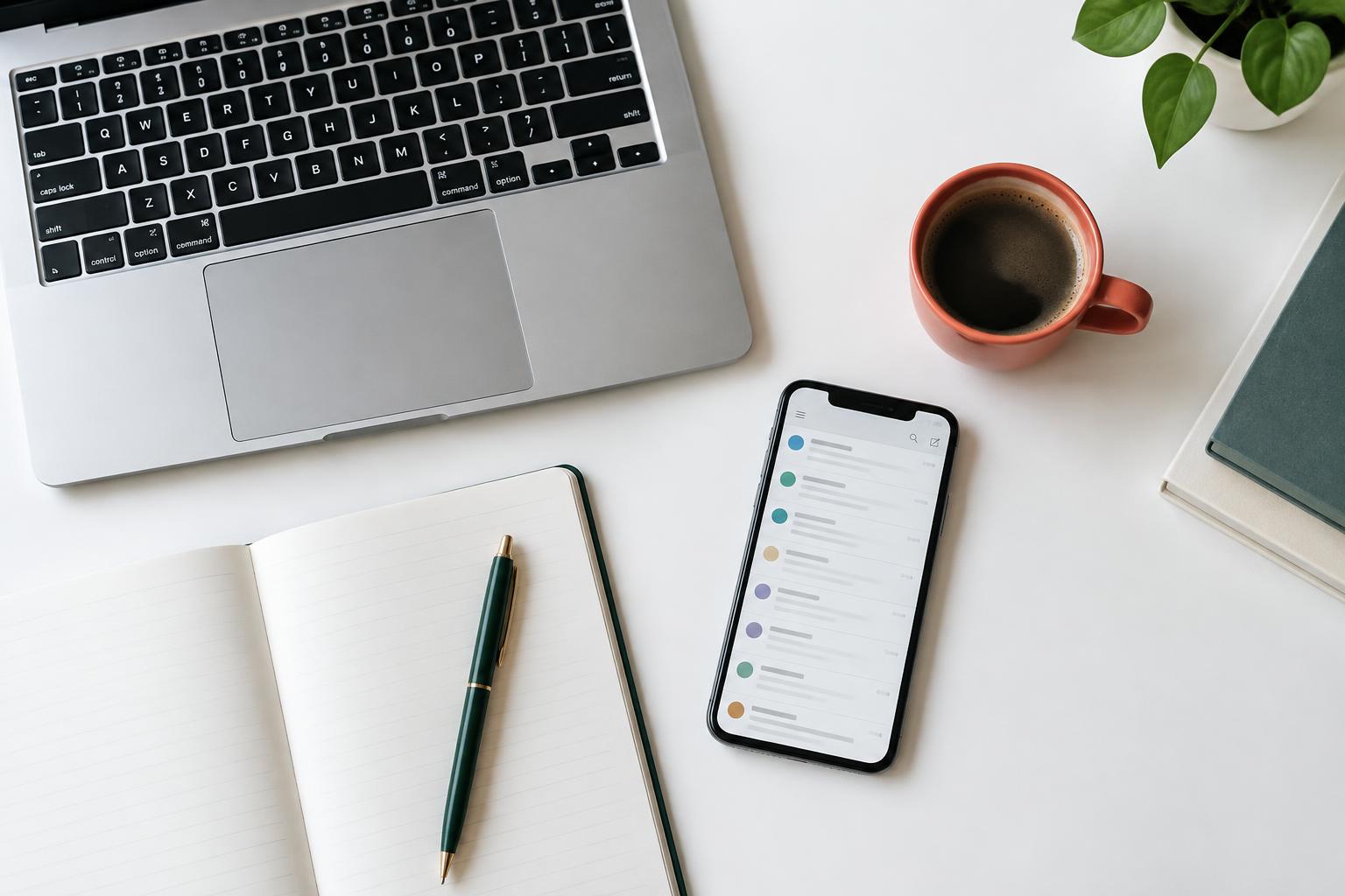 Phone, laptop and notebook arranged on a bright workspace