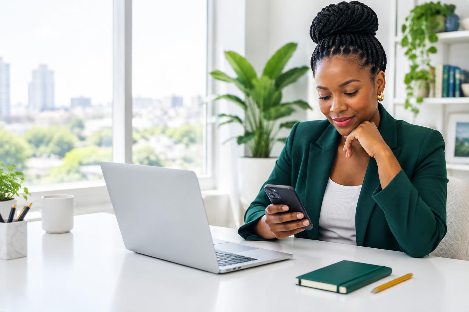 A professional reviewing messages beside her laptop